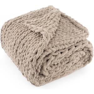 Chunky Knit Throw Blanket 60"X 80", 100% Handmade with Soft Chenille Yarn, 6.7lbs Thick Cable Knitted Blankets, Large Rope Knot Crochet Throws for Couch Sofa Bed Home Decor, Taupe 