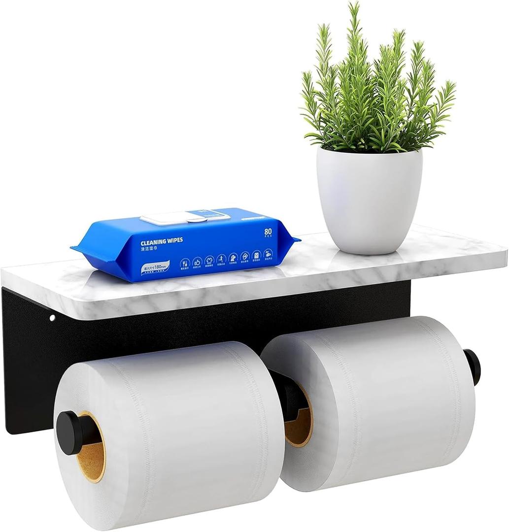 Toilet Paper Holder with Natural Marble Shelf for Bathroom Washroom,Wall Mounted Tissue Holder Suitable for Mega Roll (Matte Black, Large 11.8 * 4.7)