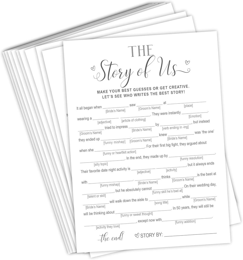 Your Main Event Prints Fun Bridal Shower Game, Wedding Games and Activities, Our Love Story Mad Libs, 50 Cards Included