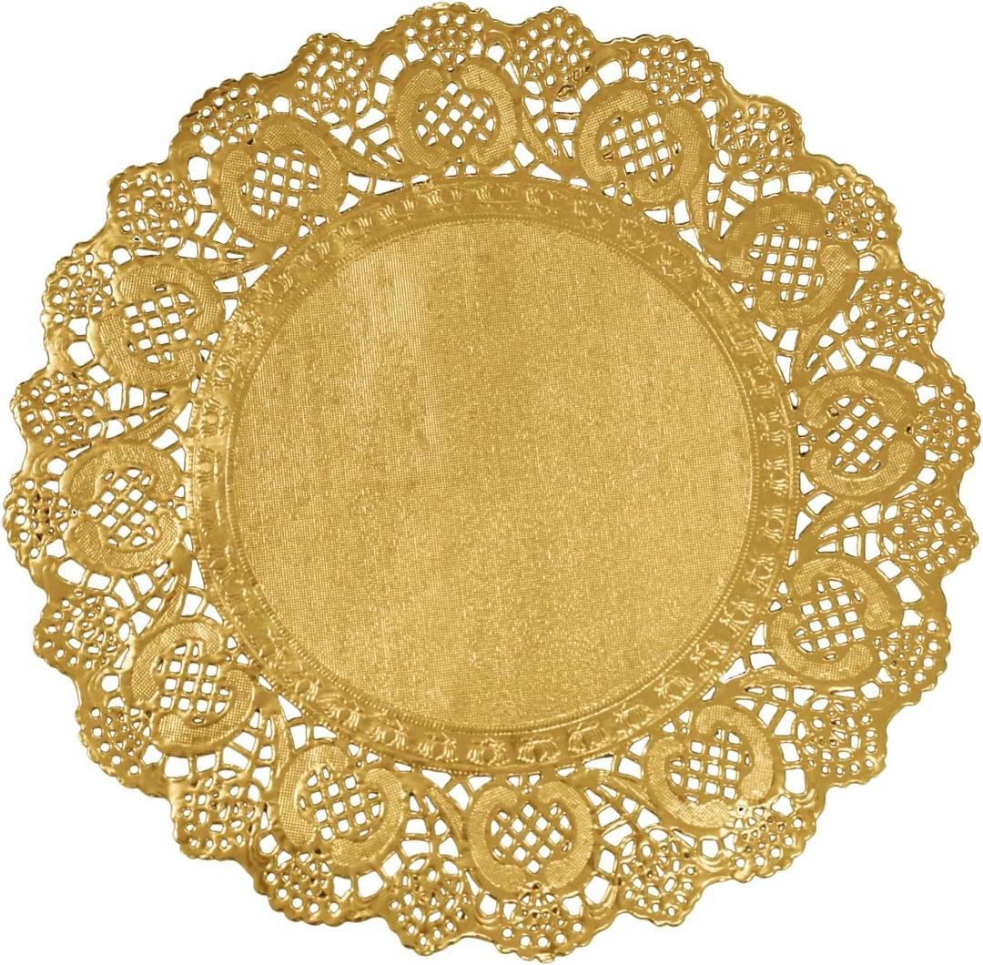 Phantomon 200 Pcs 12 Inch Gold Lace Paper Doilies  Disposable Gold Foil Placemats for Cakes, Dessert Display, Dining Table, Weddings, Birthday Parties (Gold, 12 Inch)