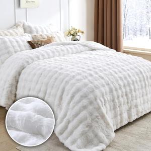 Peace nest Fluffy Rabbit Faux Fur Bedding King Comforter Set Ultra Soft Plush Winter Solid Bubble Sherpa Reversible Comforters 3 Pieces Sets with 1 Comforter 2 Pillow Shams White