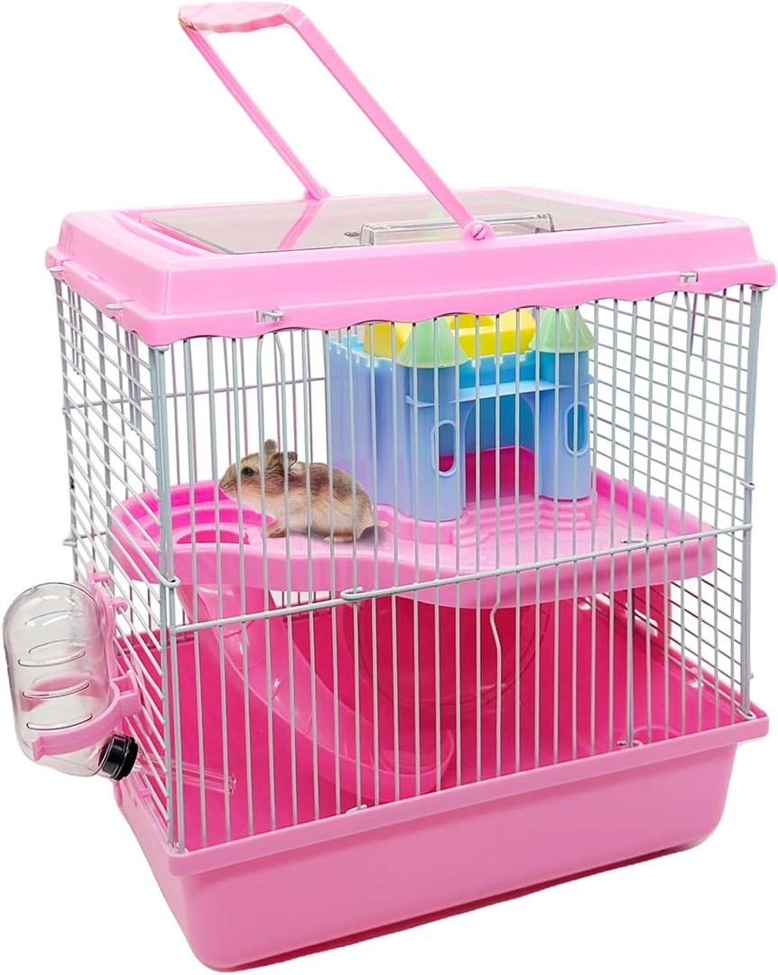 Tfwadmx Hamster Carrier, Dwarf Hamster Travel Cage, Portable Cages with Water Bottle, Gerbil Travel Carry Case Outdoor Vacation House for Small Mice(Pink,10.6x8x11.4)