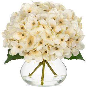Hollyone Fall Hydrangea Artificial Flowers for Decoration with Glass Vase White Silk Fake Flower Arrangement with Faux Water Autumn Table Centerpiece Vase with Flowers Fall Decorations for Home