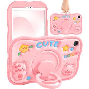 Samsung Galaxy Tab A7 Lite Case 8.7 - Cute Girls Kawaii Women Girly with 360 Degree Rotating Handle Pig Pretty Silicone 3D Design for Galaxy A7 Lite Table Cases 2021 SM-T220/T225/T227