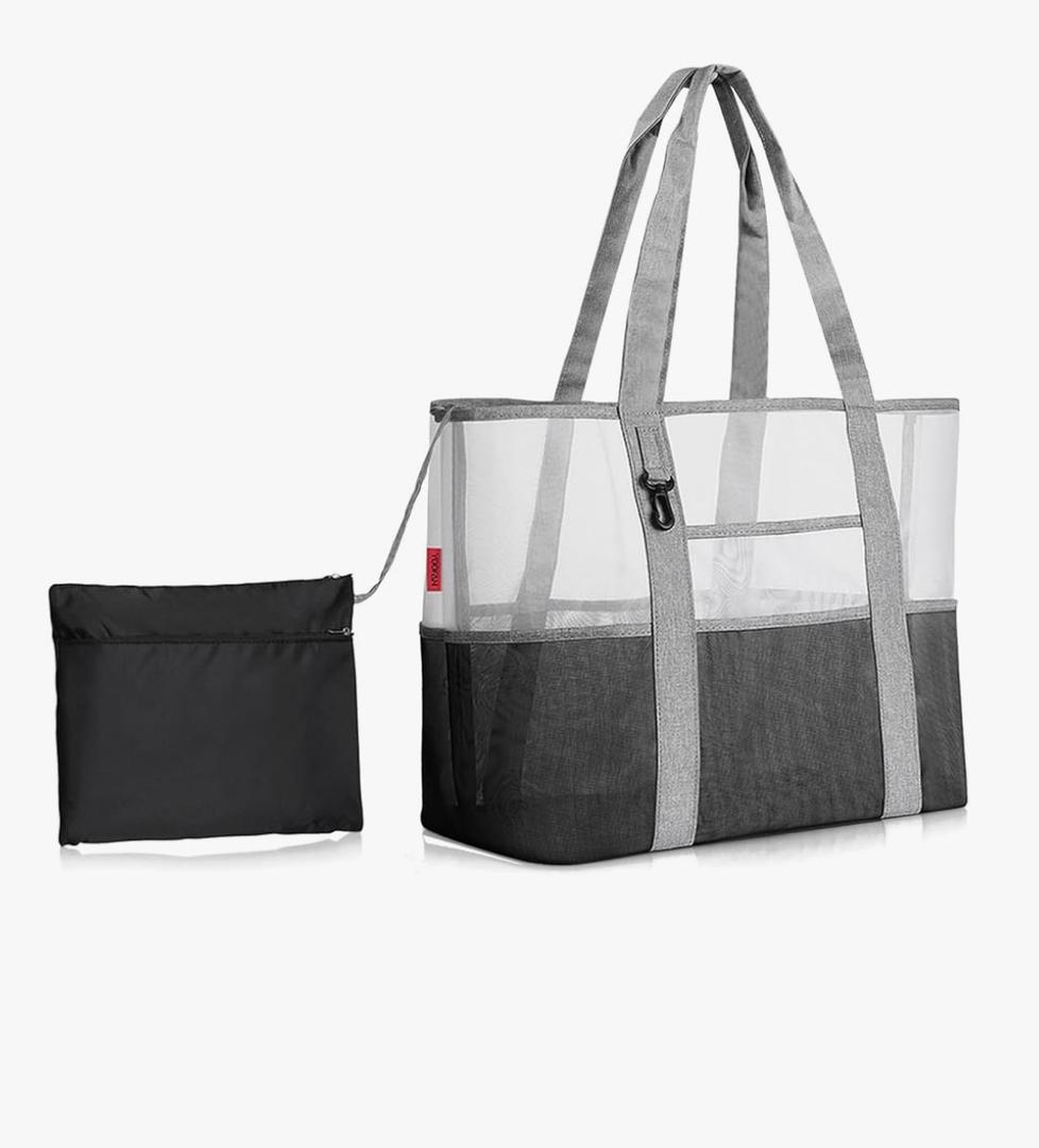 YOOFAN Mesh Beach Bag Tote Bag with 7 Pockets & Storage Pouch - Lightweight Beach Pool Tote for Women, Men, Family (Gray, 19.6"x11.8"x17.7")