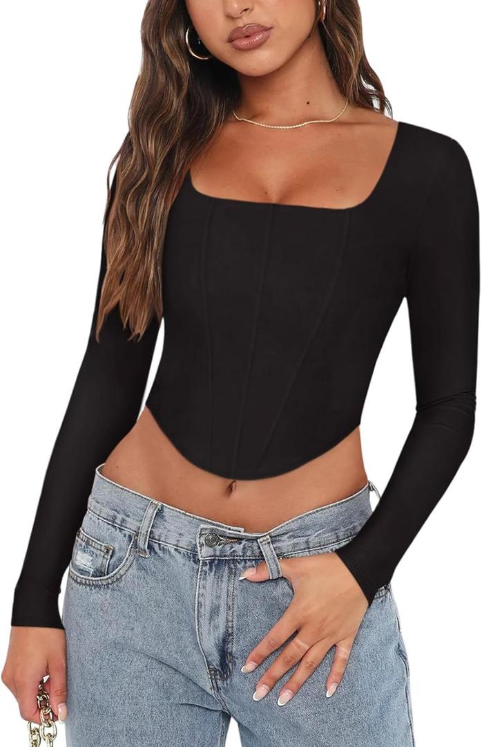 REORIA Womens Trendy Sexy Square Neck Long Sleeve Backless Y2K Going Out Boned Bustier Corset Crop Tops, Large