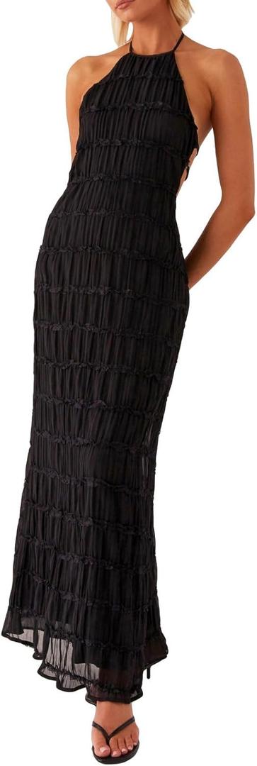 Women Summer Halter Neck Maxi Dress Flowy Ruffle Tiered Sleeveless Sundress Boho Backless Spaghetti Strap Long Dress (Small, Black)