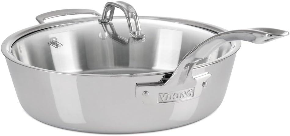 Viking Contemporary 3-Ply Deep Frying Pan with Glass Lid, 4.8 Quart Stainless Steel Saute Cooking Pot, Dishwasher and Oven Safe, Induction Ready, Silver