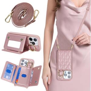 For iPhone 14 Pro Case with Card Holder and Strap for Women,Crossbody Lanyard, Make Up Mirror,Ring Stand,Snap Clasp,Cute Phone Wallet Cases 6.1 inch - Dark Rose Gold