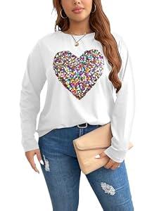 OYOANGLE Women's Plus Size Sequin Shiny Heart Print Long Sleeve Shirts Crew Neck Tops Sparkly Party T-Shirt White X-Large Plus