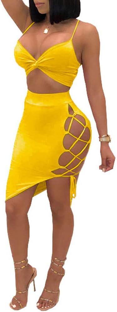 Sexy 2 Piece Club Outfits for Women Mini Skirt Sets Summer Crop Tops Lace Up Dresses (X-Large, Yellow)