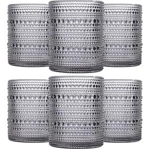 Brown Vintage Hobnail Drinking Glasses Set of 6, Embossed Water Tumbler 12oz, Kitchen & Bar Beaded Glass Cups, Beverage Glass Cups for Water, Beer, Juice, Housewarming and Mother's Day Gift
