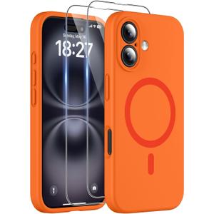 Magnetic for iPhone 16 Case, Compatible with MagSafe, Two 9H Screen Protectors, Full Camera Protection, Military-Grade Protection Silicone Phone Cover for 16 6.1", Orange