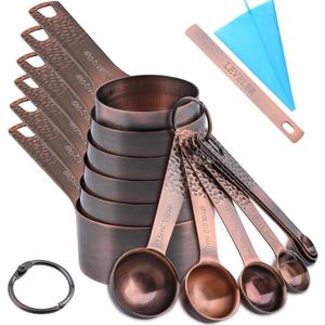 Copper Plated Measuring Cups and Spoons Set, 6 Measure Cups and 7 Stainless Steel Measurement Spoons with Leveler, Metal Kitchen Measuring Cups and Baking Measuring Spoons Set of 14