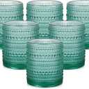 Vintage Glassware Drinking Glasses Set of 6,12 oz Hobnail Glass Cups,Embossed Lake Blue Water Tumbler,for Beer,Cocktail,Whiskey,Juice and Various Mixed Drinks- 1 Cleaning Brush