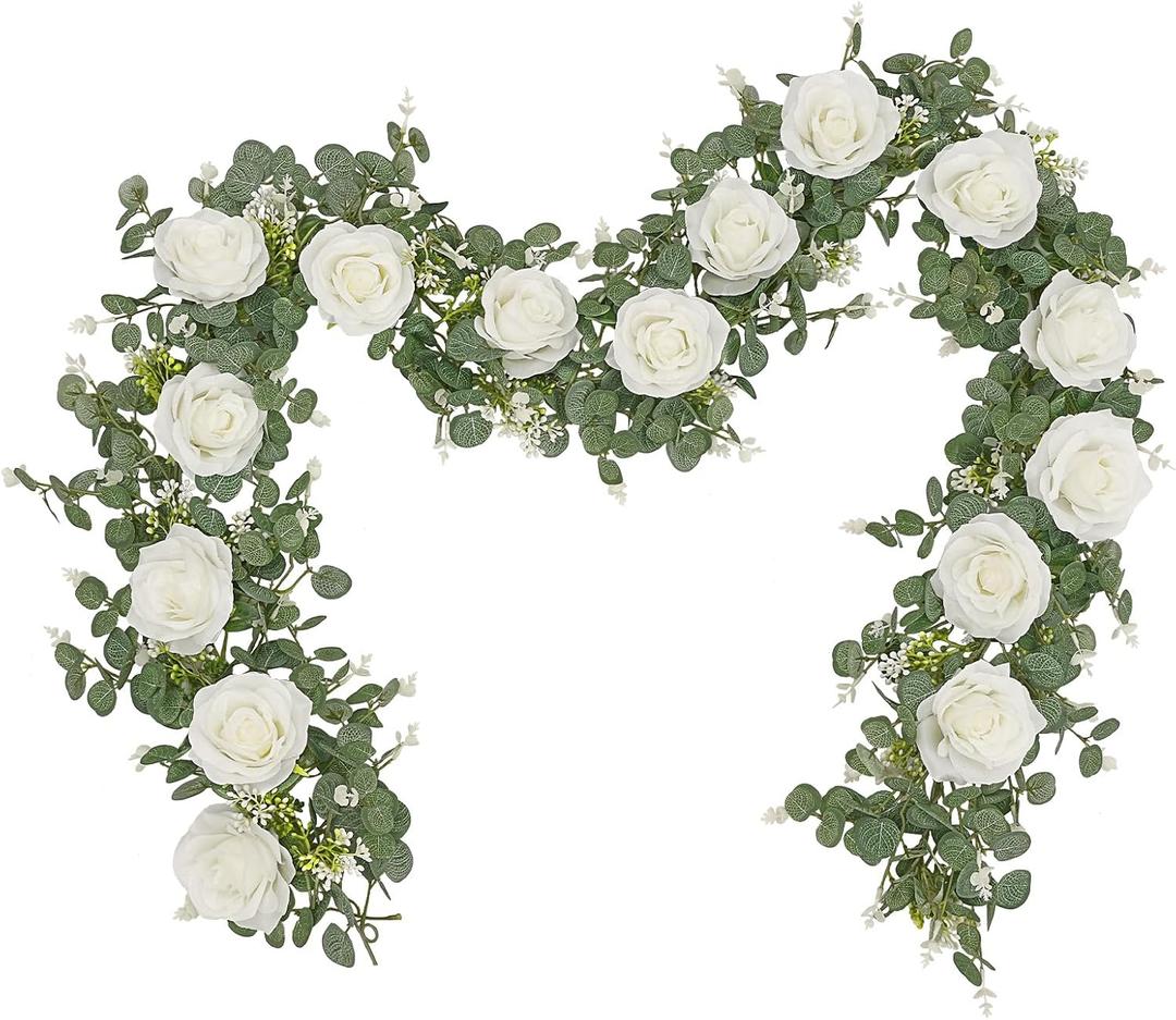 Dolicer 2Pcs 13Ft Artificial Eucalyptus Garlands with Flowers - 8 Roses, Faux Floral Greenery Garlands Fake Flowers Vines for Wedding Table Centerpieces Arch Party Ceremony Backdrop Decor (White)