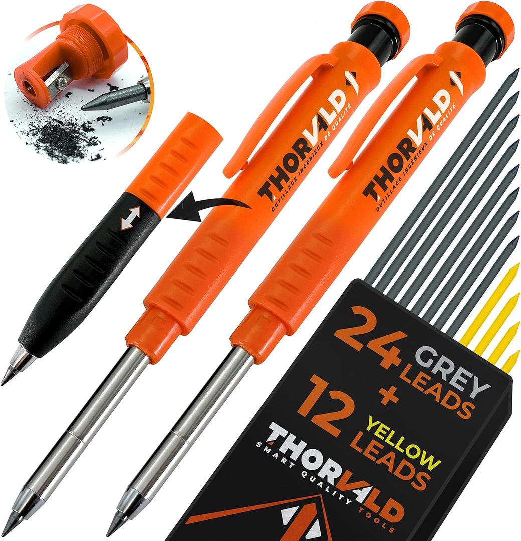 THORVALD 2 Carpenter Pencils Set for Construction - Incl. 38 Leads + Sharpener + Finger Grip - Solid Mechanical Pencils with Fine Point/Best Marking tools Construction/Carpenters/Scriber