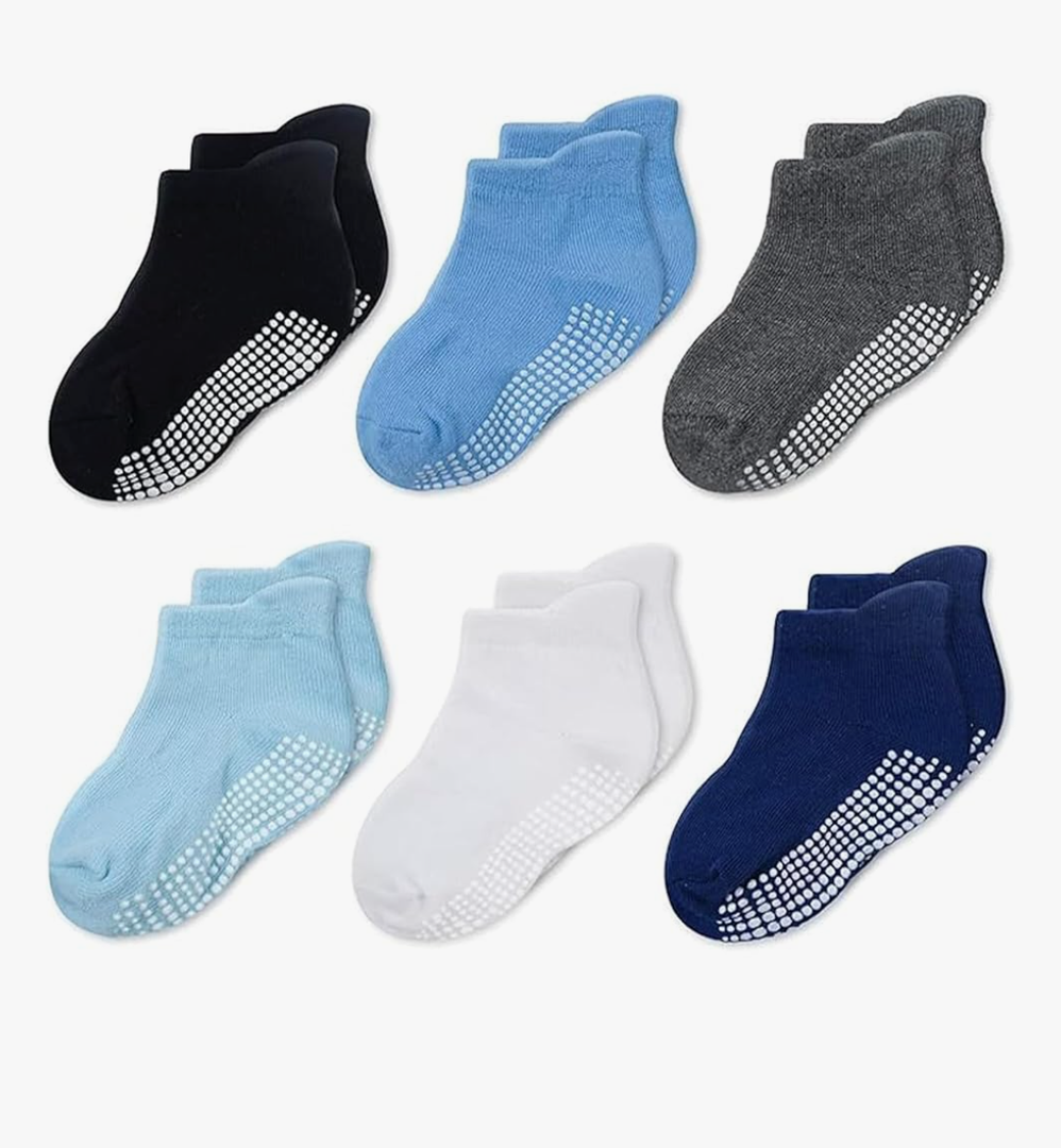 CozyWay Socks for 1-Year-Old Boys & Girls Non-Slip Gripper Ankle Socks - 1T-3T 6-Pack Blue White Black - Toddler Soft Cotton Stay-Put Elastic Easy-On Heel Tabs