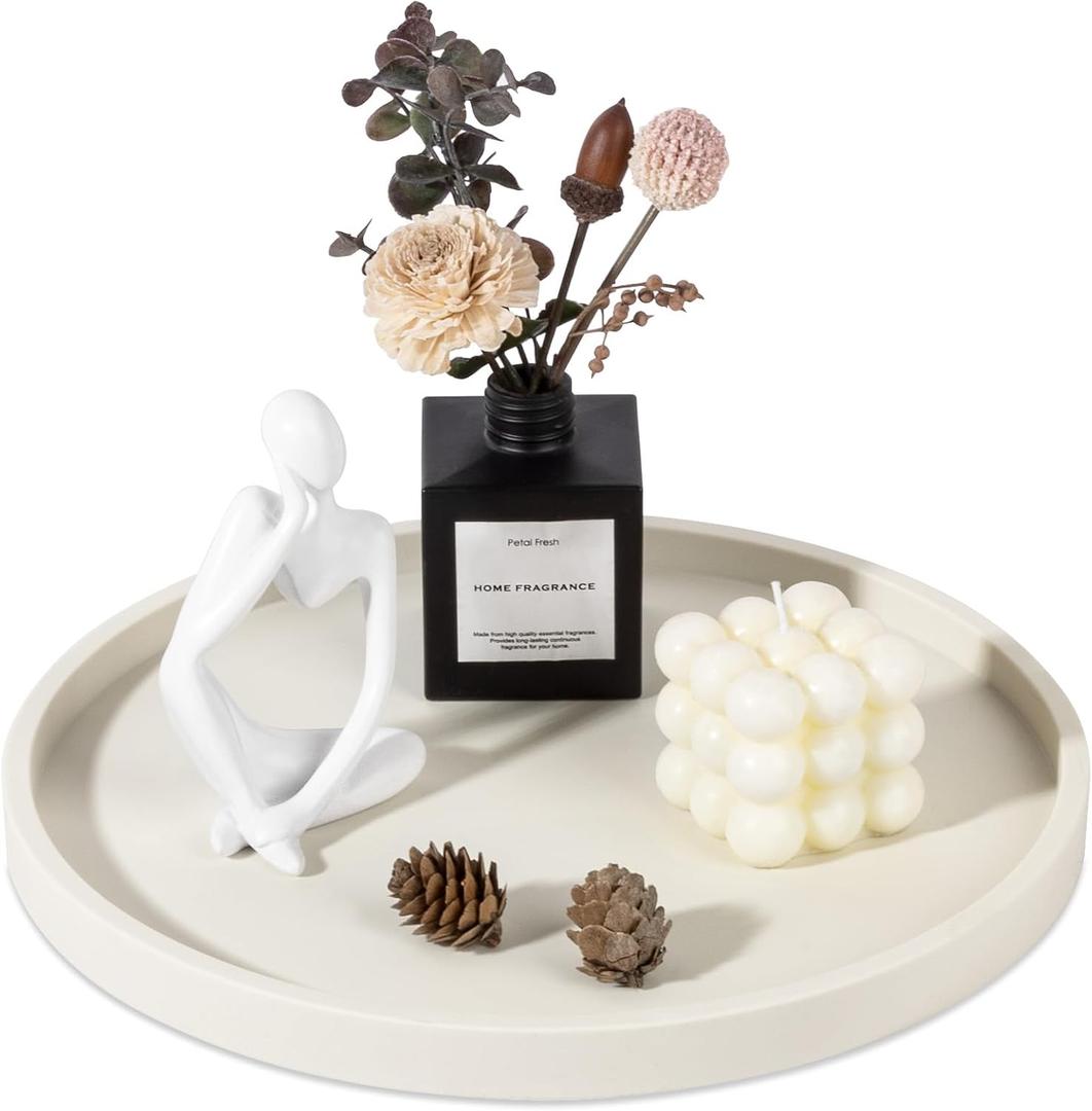 Silicone Bathroom Tray Round Vanity Tray Decorative Soap Holder Kitchen Countertop Organizer Coffee Table Decor for Candle, Perfume, Plant, 12 Inch, Beige