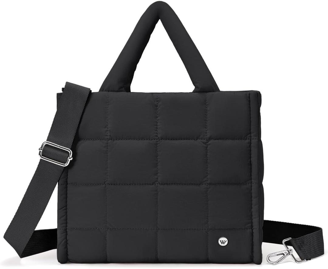 WESTBRONCO Puffer Crossbody Bags for Women Quilted Tote Bag Puffy Weekender Overnight Bag Nylon Shoulder Handbag (Black)
