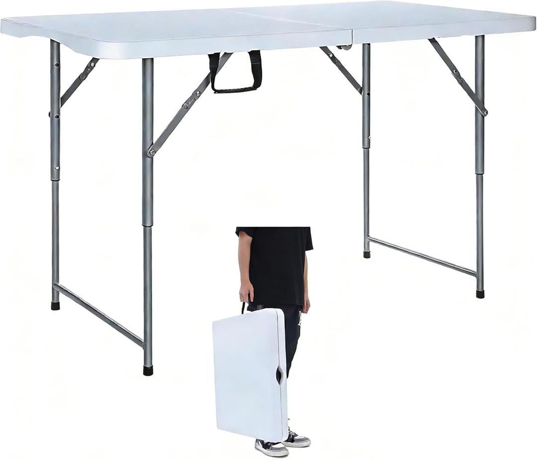 Lakhow Folding Table 4 Foot Portable Heavy Duty Plastic Fold-in-Half Utility Table with Carrying Handle,Indoor Outdoor Small Adjustable Height Folding,Camping and Party,White