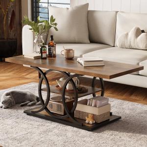 GiftGo Rustic Coffee Table with Storage Industrial 3 Tier Center Living Room Table Farmhouse Wooden Rectangle Cocktail Tea Table for Office Bedroom Elegant Full Moon Round Metal Frame (Brown, L-47)