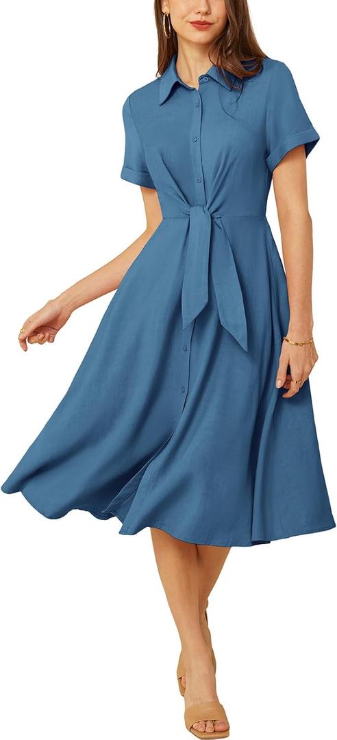 GRACE KARIN Womens Linen Dresses Summer Casual Flowy Collar Button Down Dress Front Tie Short Sleeve Pockets Midi Work Dress (Medium, Gray Blue)