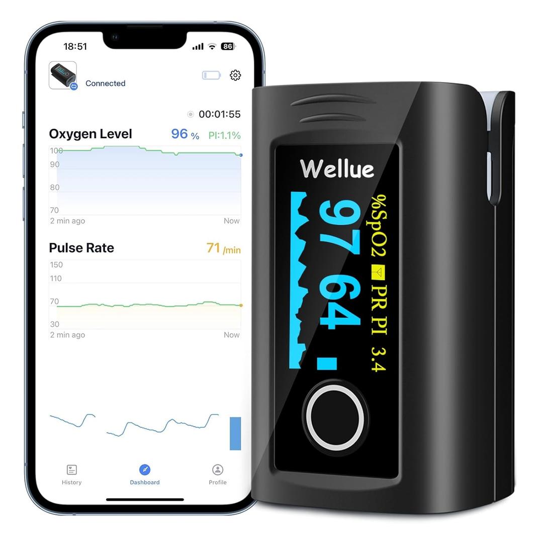 Wellue Bluetooth Pulse Oximeter Fingertip, Blood Oxygen Saturation Monitor with Free APP, Batteries, Carry Bag & Lanyard (Black)