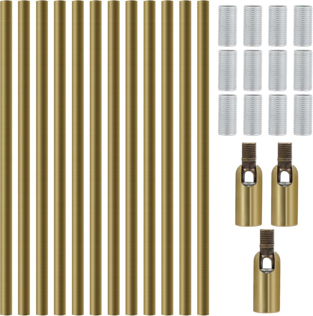 Antrader M10 Threaded Extension Rod 12pcs Lighting Fixture Stems with 3pcs 180 Degree Sloped Ceiling Adapters for Light Fixture Parts Replacement 12-inch Length Gold Color