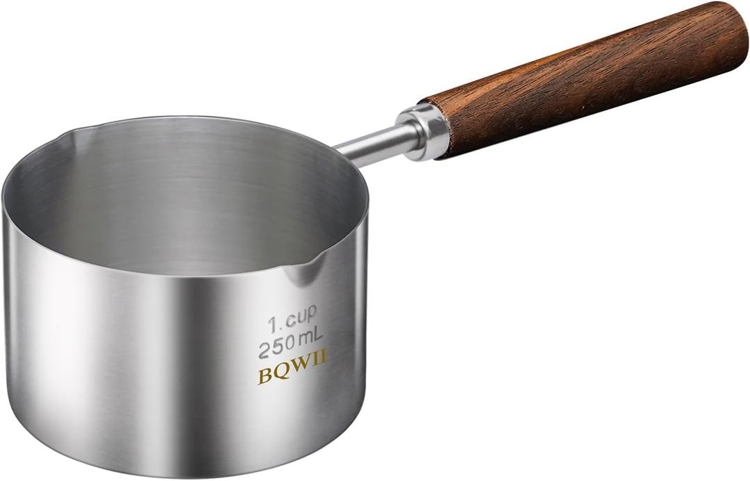 Stainless Steel Mini Pot - Butter Warmer, 8.5fl oz (250ml) Coffee/Milk Warmer, Mini Sauce Pan for Coffee, Ideal for Seafood Butter Warmers,Melting Pot With Dual Spouts and Wooden Handle