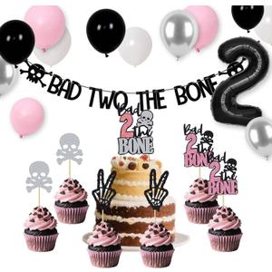 Bad Two The Bone Birthday Decorations,Include Banner Cake Toppers Cupcake Toppers,Party Music Themed Decorations with Balloons for Skeleton Rock and Roll Birthday(Black and Pink Balloons)