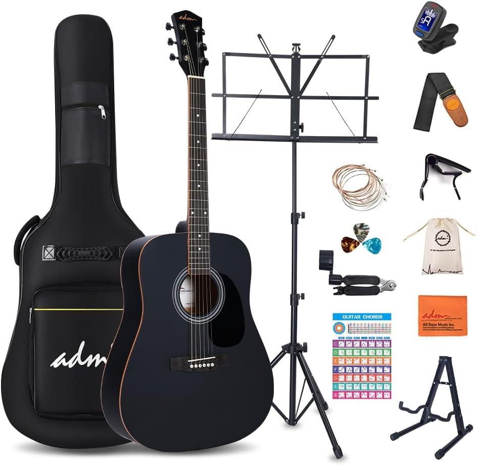 ADM Dreadnought Acoustic Guitar Kit with Free Lesson for Beginner Adult Teen Full Size Acustica Guitarra Starter Bundle Set w/Bag Strap Tuner Capo Pickguard Music Stand Right Hand(Black 1, 41 Inch)