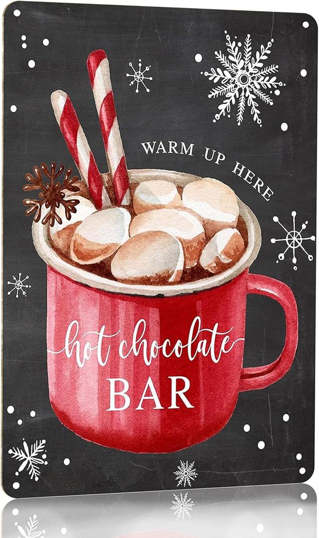 Joyline Vintage Christmas Decor Gifts Rustic Hot Chocolate Bar Warm Up Here Tin Sign for Home Farmhouse Kicthen Cafe Bar Wall Decor 8 x 12 inches (3235) (Black)