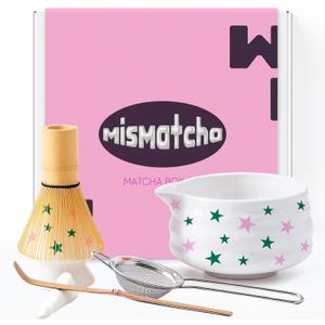 Matcha Whisk Set with Stars - 6 Piece Ceramic Matcha Set with a Bowl, Whisk, Stand, Spoon and Sifter - Designed in the UK - Gift Set