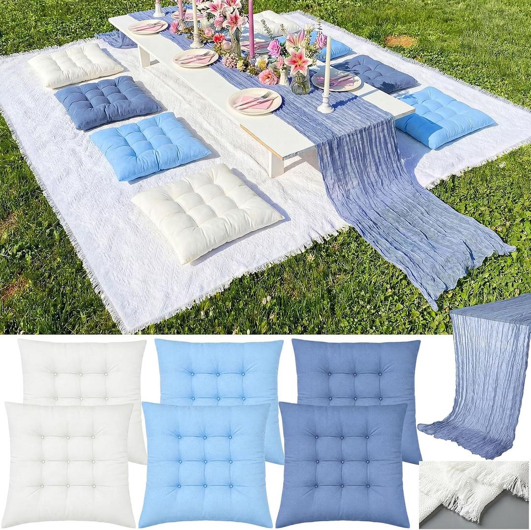 Extra Large Outdoor Picnic Blanket with Table Runner and Floor Pillow Cushion for Picnic Wedding Birthday Baby Shower Backyard(91 x 71'',Blue,White,6-Person)