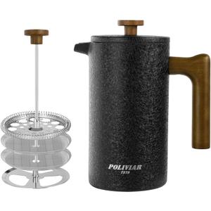 POLIVIAR French Press Coffee Maker, 34 oz Coffee Press with Real Wood Handle, Double Wall Insulation & Dual-Filter Screen, Food Grade Stainless Steel for Good Coffee and Tea JX2023-FPLB
