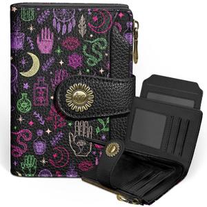 Goth Gothic Small Wallet Women RFID Blocking Bifold, Credit Card Holder, Zipper Coin Pocket, PU Leather, Magic Witchy, Compact, Travel, 4 ID Window, 14 Card Slots, Cash Purse, Ladies Woman