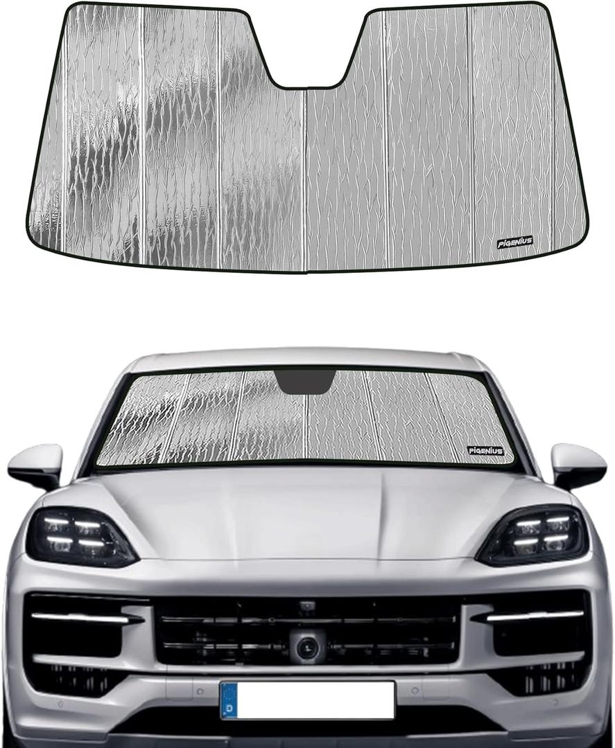 Windshield Sun Shade for Porsche Caye-nne 2019-2025,Front Window Sunshade Shield,2-in-1 Reflective Sun Shade,Silver for Summer, Black for Winter
