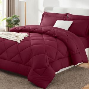 CozyLux King Comforter Set 7 Pieces Bed in a Bag Burgundy All Season Bedding Sets with Comforter, Pillow Shams, Flat & Fitted Sheet and Pillowcases, King (King, Burgundy)