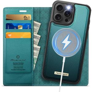 Wallet Case for iPhone 15 Pro Max Compatible with Magsafe, 2-in-1 PU Leather Flip RFID Blocking Card Holder Stand Shockproof Magnetic Detachable Cover for iPhone 15 Pro Max 6.7", Bluegreen