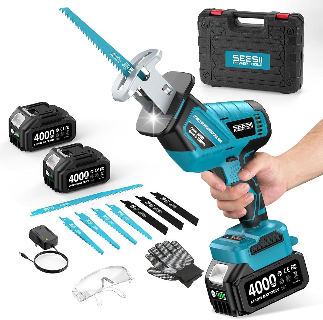 SEESII Reciprocating Saw Cordless, Variable Speed 3500 RPM Brushless Motor with 6 Saw Blades, 2 x 4.0Ah Batteries, LED Light, Tool‑Free Blade Change, Portable for Wood PVC Cutting