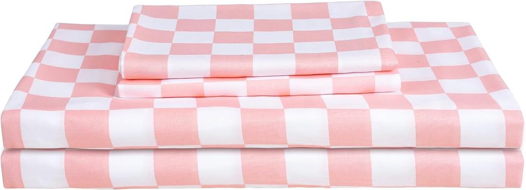Best Season Bed Sheet Set 3 Piece -Twin Size-Soft Durable Microfiber Bedding Sheet Set,Deep Pocket,Stain,Fade & Wrinkle Resistant Green and White Checkerboard Grid(Plaid Coral&White)