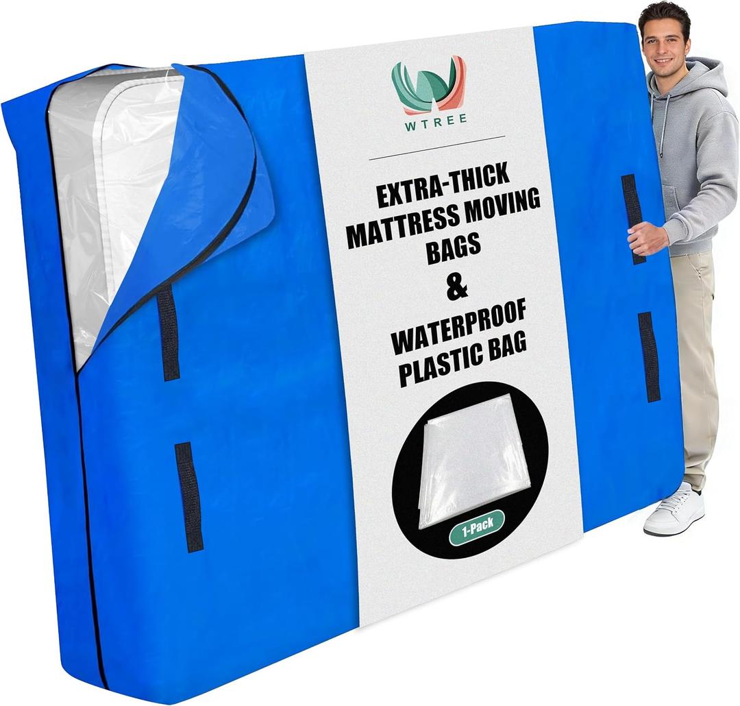 WTREE Double Shield Mattress Bag for Moving and Storage, 8 Reinforced Handles Mattress Cover with Internal Clear Mattress Protector, 170GSM Heavy Duty Tarp Mattress Mover Tool, Queen