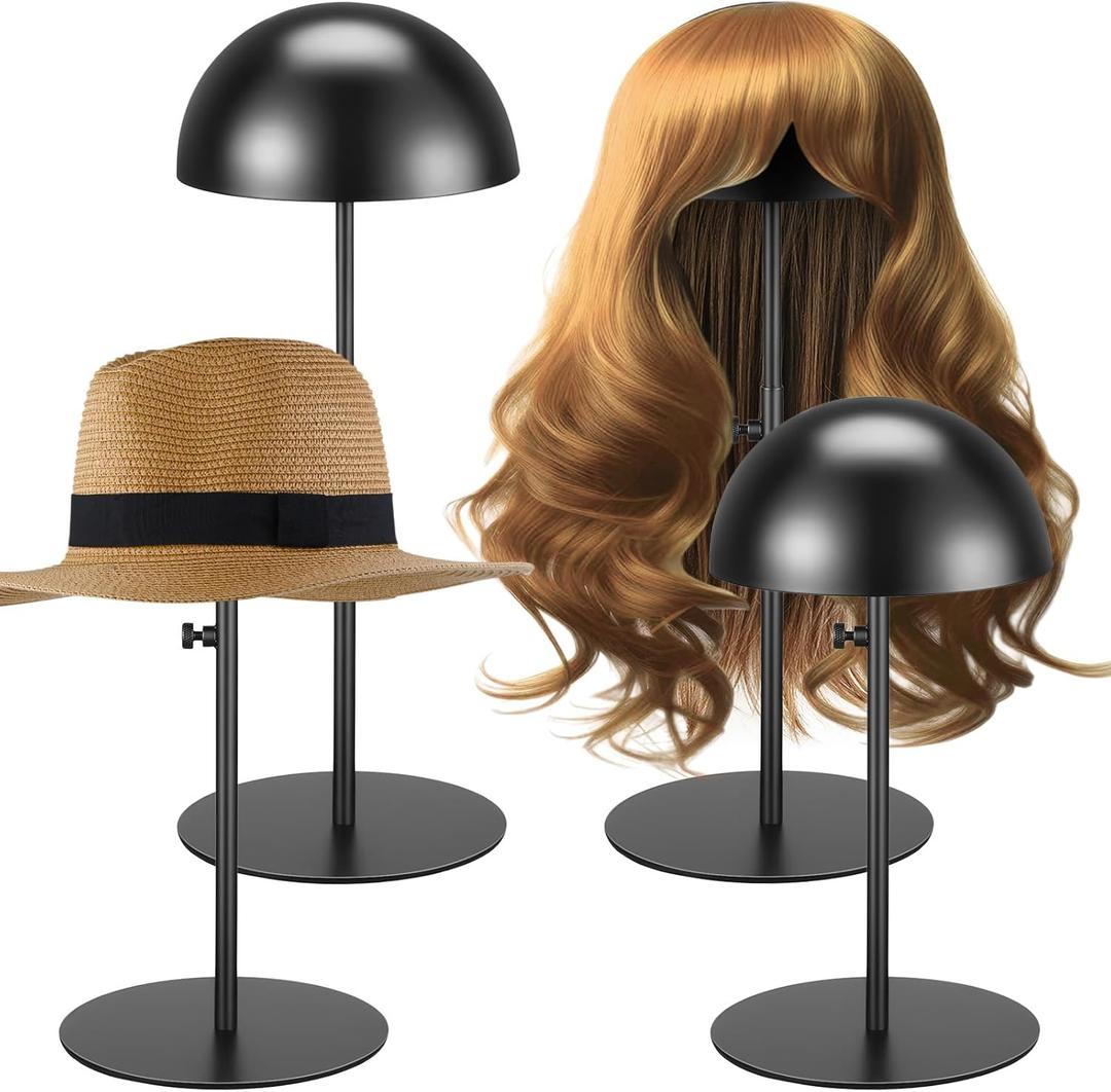 Sintuff 4 Pack Metal Hat Display Stands 12.6-20.5inch Adjustable Hat Holder Wigs Head Stand Anti-rust Non-slip Stainless Steel Metal Rack for Multiple Hats Storage Wig Styling Practice(Black)