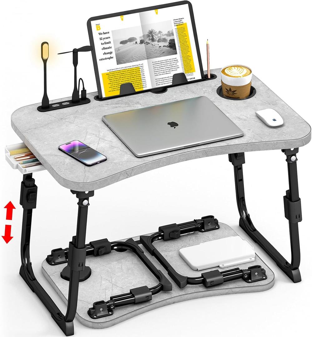 Lap Desk for Bed Adjustable Height, Foldable Bed Table with Storage Drawer, Tablet Slot & Cup Holder, Portable Laptop Stand for Bed & Sofa, Bed Desk for Adults & Kids, Light Stone Color