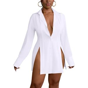 LYANER Women's Button Down Shirt Dress Collar V Neck Long Sleeve Slit Sexy Shirt Dresses (Large, White)