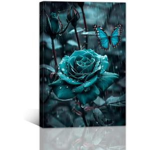 Rose Wall Art Framed Teal Rose Painting Turquoise Blue Flower Prints Butterfly Picture for Kitchen Decor (Floral - 2,16x24 inch, 40x60cm)