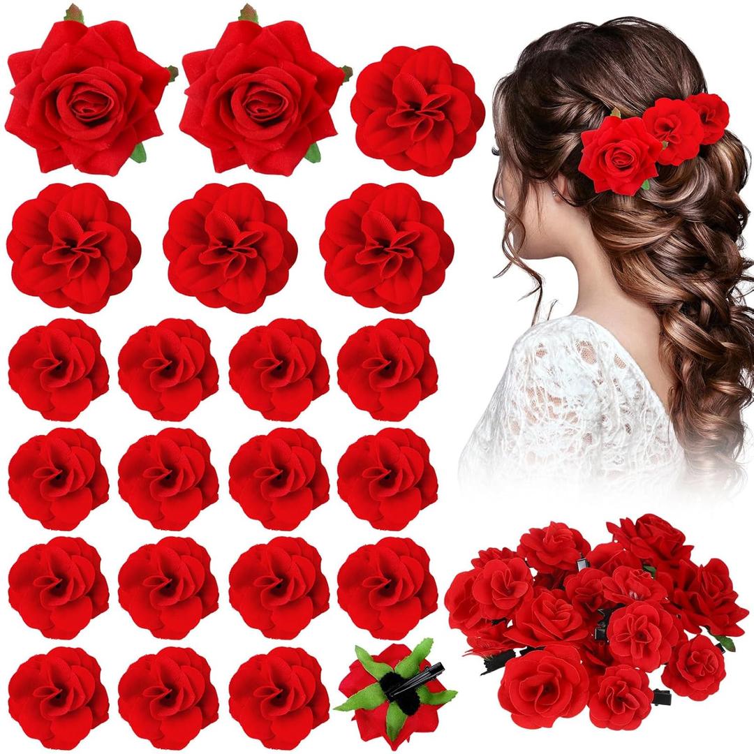 BBTO 21 Pieces Flower Hair Clip Rose Hair Clips Hair Barrettes for Women Flower Hair Accessories Boho Bride Claw Clip Hairpin Brooch Pin Headpiece for Wedding(Red,Large, Medium, Small) (One Size)