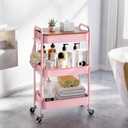 3 Tier Rolling Cart with Table top, Metal Rolling Utility Cart, Sturdy Storage Organizer Cart with Locking Wheels & Hooks for Office, Classroom, Kitchen and Bathroom，Pink