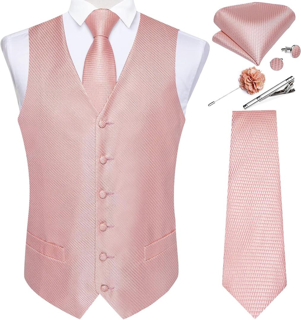 DiBanGu Mens Vest and Tie Set Formal Paisley Waistcoat and Necktie Pocket Square Cufflinks Silk Suit Vest for Tuxedo Wedding M